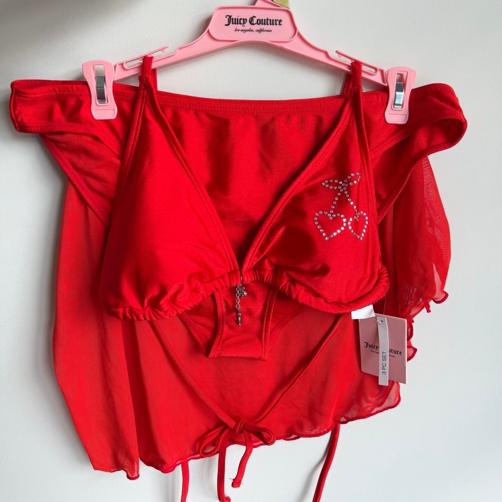 New Juicy Couture XL Red Charm Cherry Bikini Skirt Bathing Suit Swim Clothing
